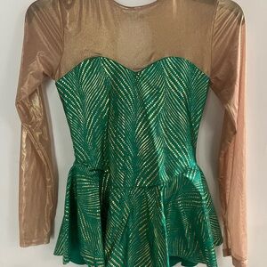 Custom figure skating dress Size Child L - Adult XS, green and gold